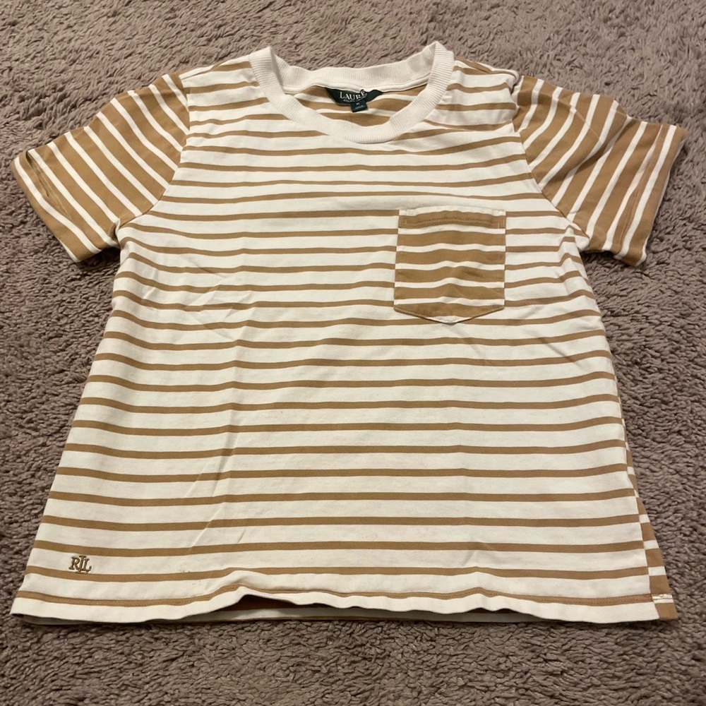 Lauren Ralph Lauren cream and tan striped 100% cotton pocket tshirt
